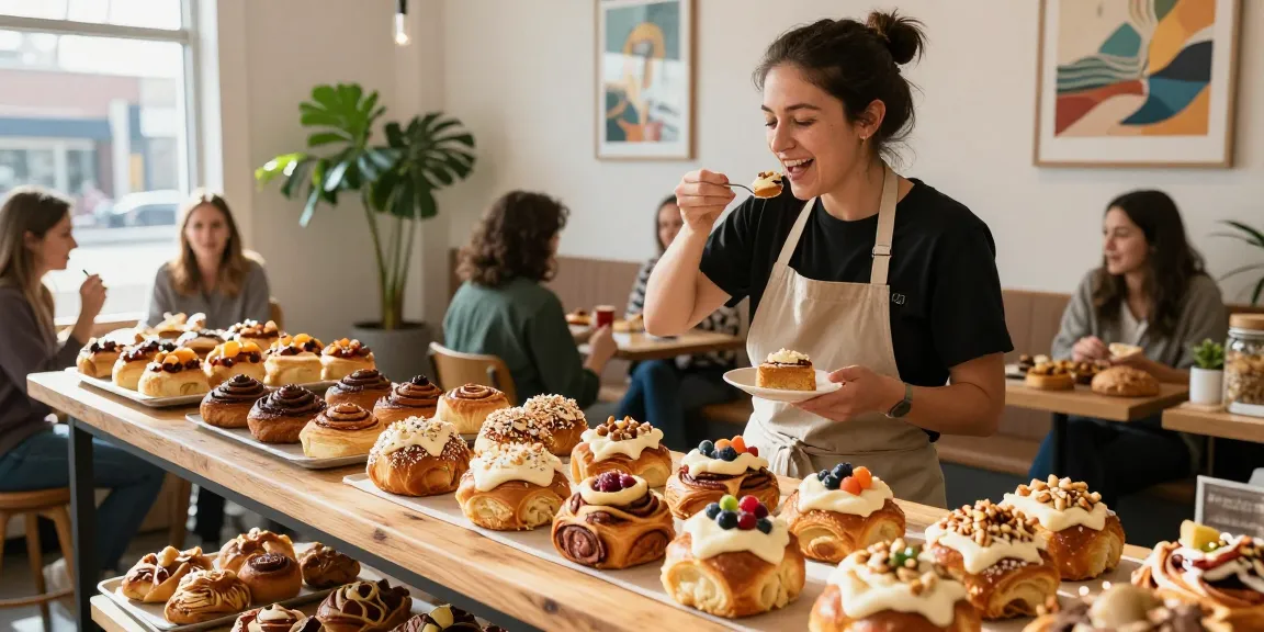 Freshly baked goods Calgary showcased in a cozy bakery, featuring an array of cinnamon buns.