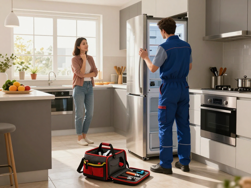 Same day appliance repair technician inspecting a refrigerator in a bright kitchen.