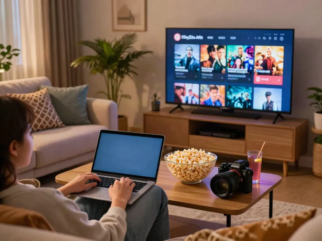 Person streaming on FilmyZilla APK in a cozy living room.