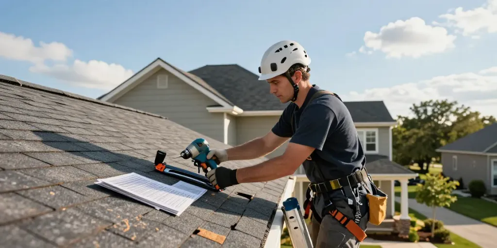 MROOF Contractors expertly installing roofing shingles on suburban home.