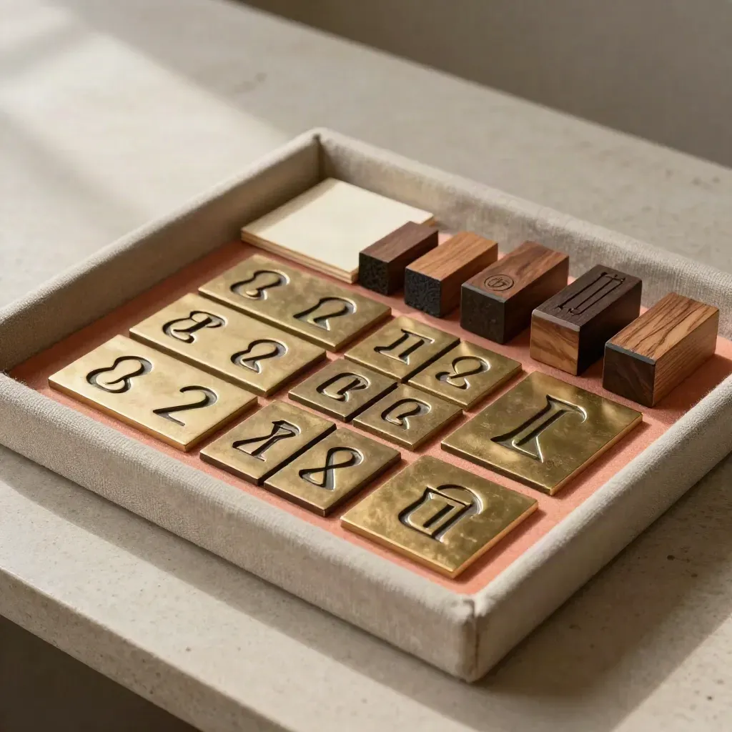 Die-cut logo tiles, embossing plates, and stamp blocks arranged in a linen tray with a coral inset.
