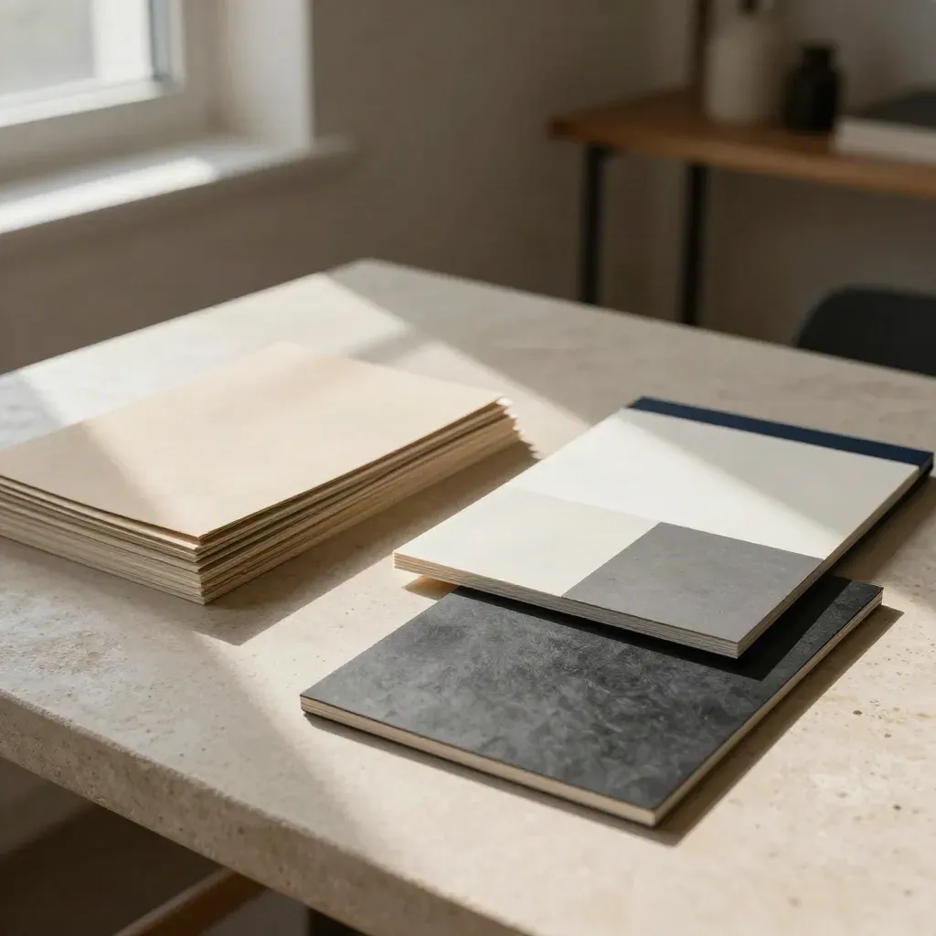 Sunlit brand strategy materials on pale stone with swatches, folio, cards and a charcoal board.