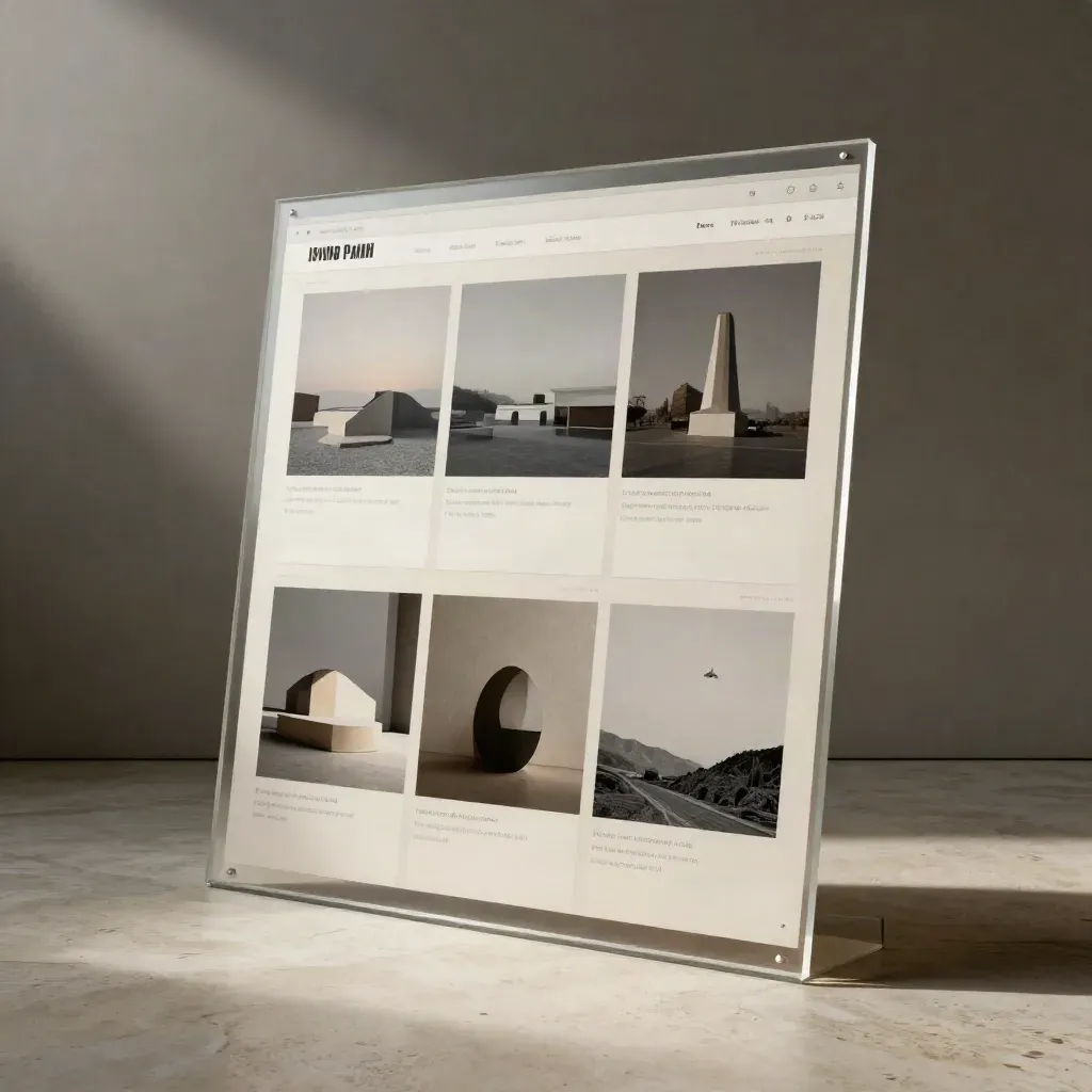Monumental website mockup boards, acrylic guide, and proof sheet lit in a moody studio beam.