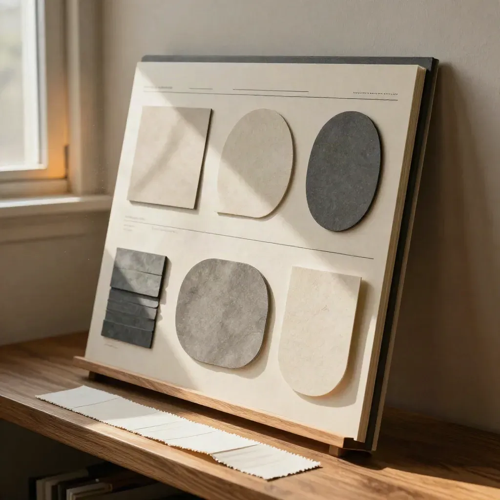 Tall launch layout board with CTA studies and a sample strip in warm window light.