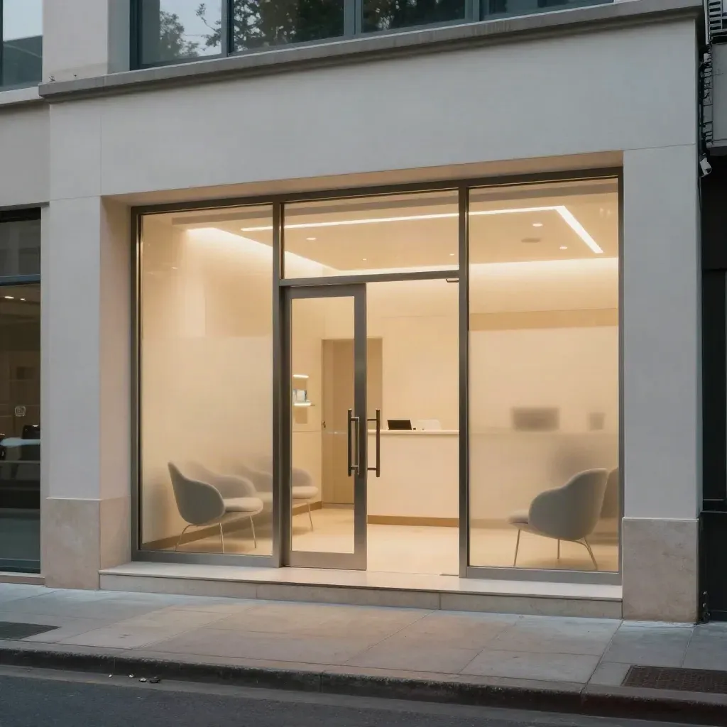 Renovated clinic entrance glowing at dusk with frosted glass and empty sculptural chairs.