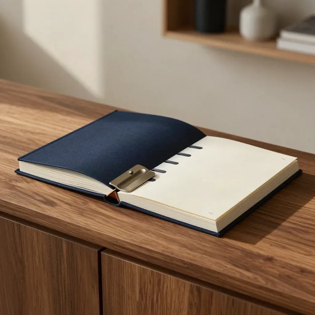 Open navy pitch deck portfolio with tabbed dividers and metal clip on a sunlit oak credenza.
