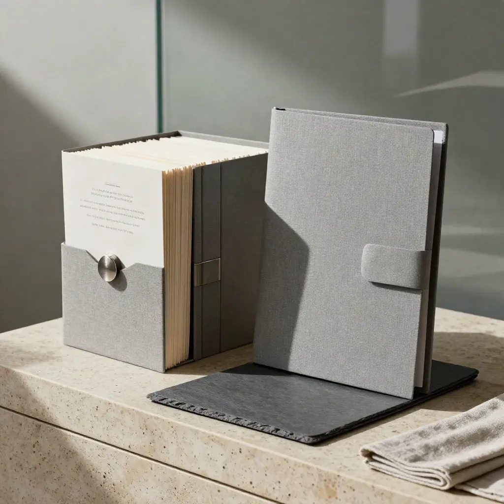 Investor deck box with tabbed dividers and silver seal on travertine credenza.