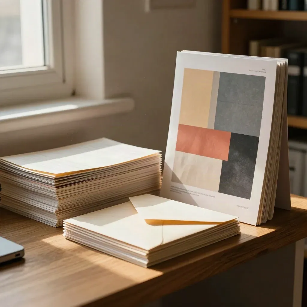 Brochures and face-down donation envelopes beside an abstract poster in a quiet office nook.