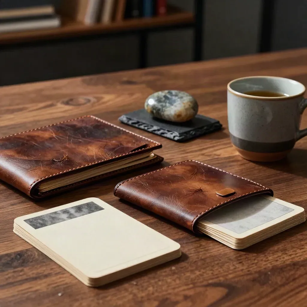 Macro still life of strategy cards, leather folio, stone paperweight and ceramic cup on walnut surface.