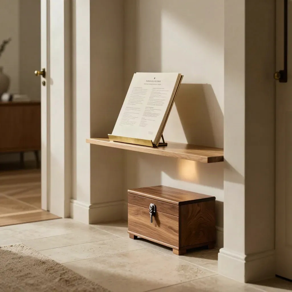 Modern home entry with brochure stand, key box, and listing folder in warm window light.