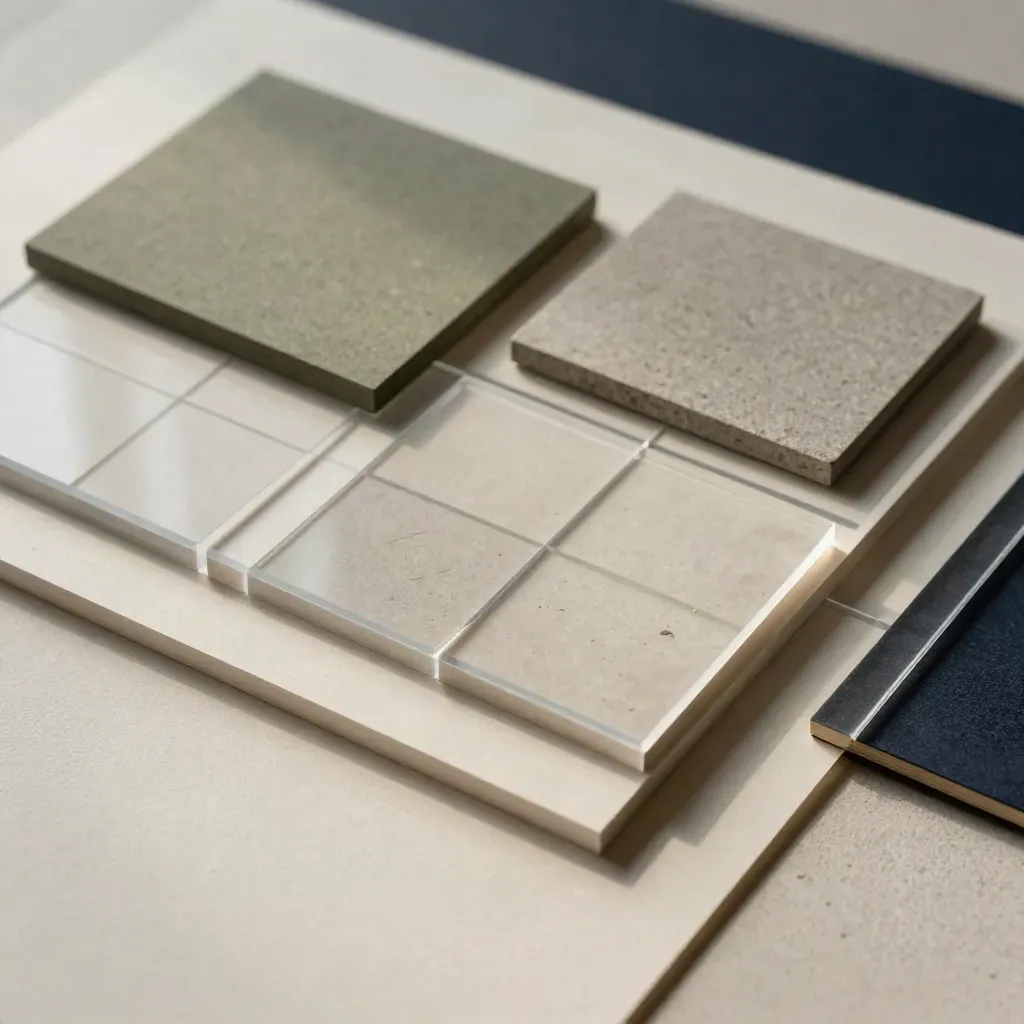 Macro of layout blocks, grid overlays, and a stone sample aligned on plaster