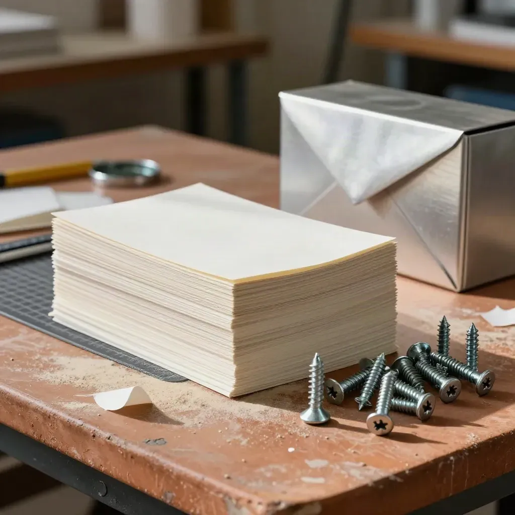 Binding screws, paper stacks, cutting mat edge, and aluminum envelope box on a workshop bench.