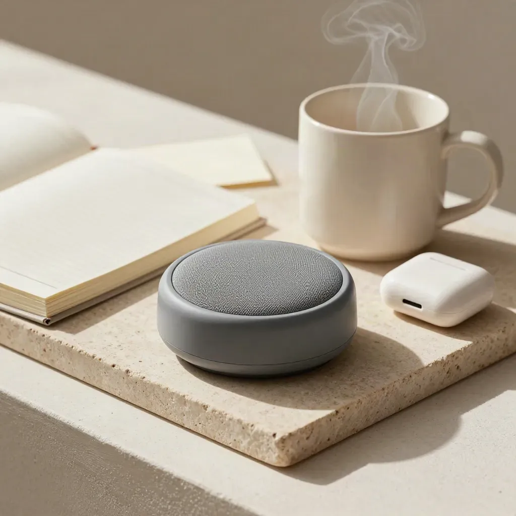 Speakerphone puck with notebook, mug, and earbuds on a stone tray.