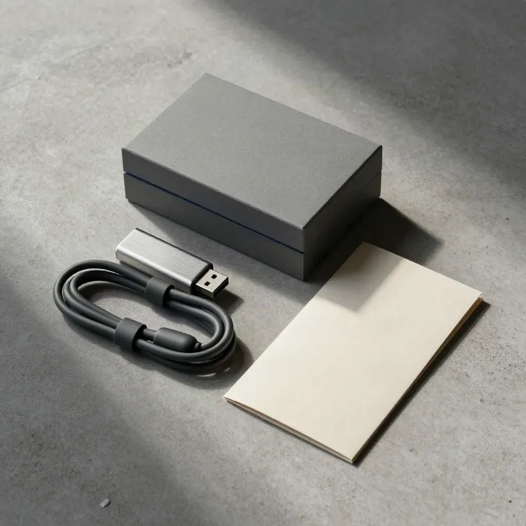Overhead still life of a navy portfolio box, USB drive, cable coil, and envelope on concrete.