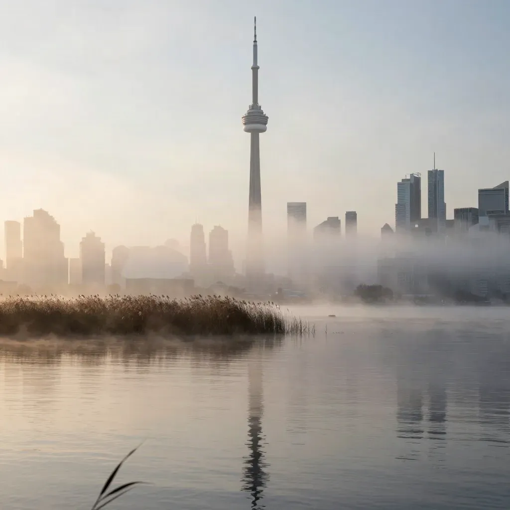 Toronto skyline in dawn fog above still water and marsh grass, wide and calm for copy.