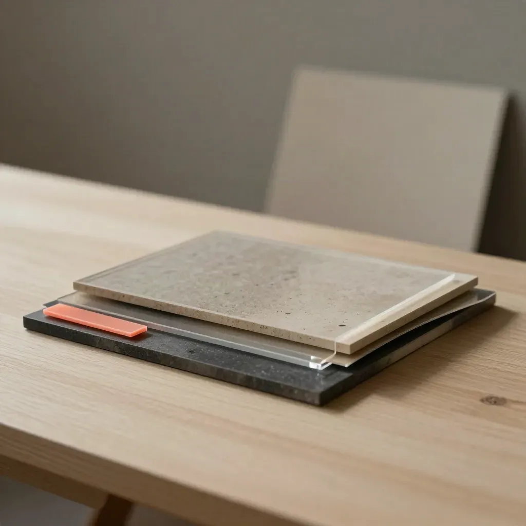 Acetate sheets, sample tiles and proof boards on pale wood with coral accents.
