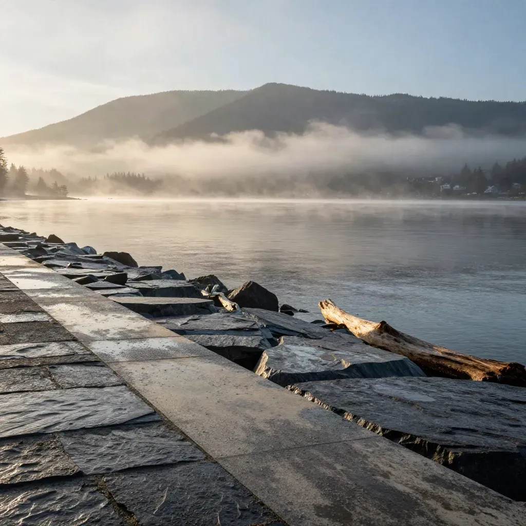 Foggy Vancouver waterfront with wet seawall stone and mountains above calm water